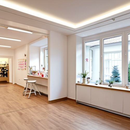 Home 15 **
A brightly lit, clean and inviting entrance area of a "Kosmetikschule" (cosmetics school) in Germany. Focus on the welcoming atmosphere: friendly staff at the reception, modern décor, and a noticeable absence of any unpleasant odors or signs of wear. Emphasize the feeling of well-being and professionalism.
**