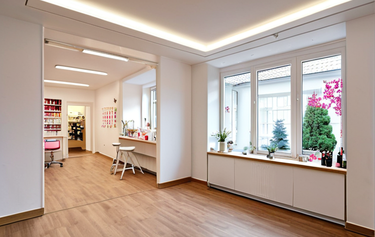 **
A brightly lit, clean and inviting entrance area of a "Kosmetikschule" (cosmetics school) in Germany. Focus on the welcoming atmosphere: friendly staff at the reception, modern décor, and a noticeable absence of any unpleasant odors or signs of wear. Emphasize the feeling of well-being and professionalism.
**
