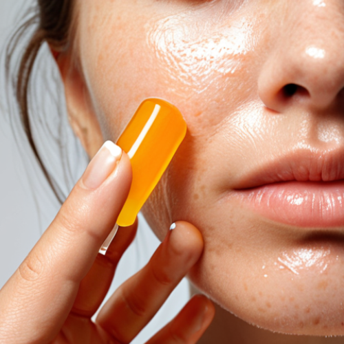 Home 14 **Close-up of a woman's hand carefully applying a serum with Vitamin C on her face.** The serum should appear radiant and the woman's skin should look healthy and glowing. The background should be minimalistic and clean. Focus on the texture of the skin and the serum.