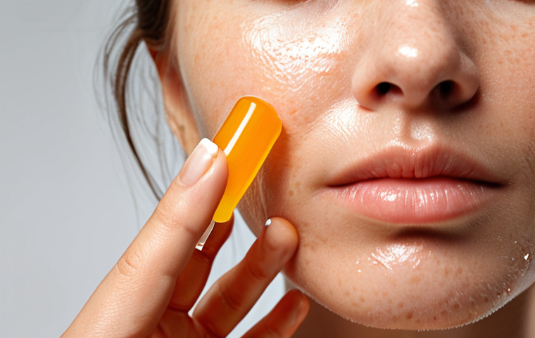 **Close-up of a woman's hand carefully applying a serum with Vitamin C on her face.** The serum should appear radiant and the woman's skin should look healthy and glowing. The background should be minimalistic and clean. Focus on the texture of the skin and the serum.
