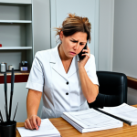A professional female hair stylist, fully clothed in a modest salon uniform, looking stressed and overwhelmed at a cluttered reception desk in a bustling German hair salon. She is holding a ringing landline phone to her ear with one hand, while pointing frantically with the other hand at a large, messy, open paper appointment book filled with illegible notes. A female client, fully clothed in appropriate everyday attire, stands impatiently nearby, looking confused. The background shows other salon stations with some disarray, conveying a sense of chaos and inefficiency. Perfect anatomy, correct proportions, natural pose, well-formed hands, proper finger count, natural body proportions, professional photography, high quality, safe for work, appropriate content, fully clothed, professional, family-friendly.