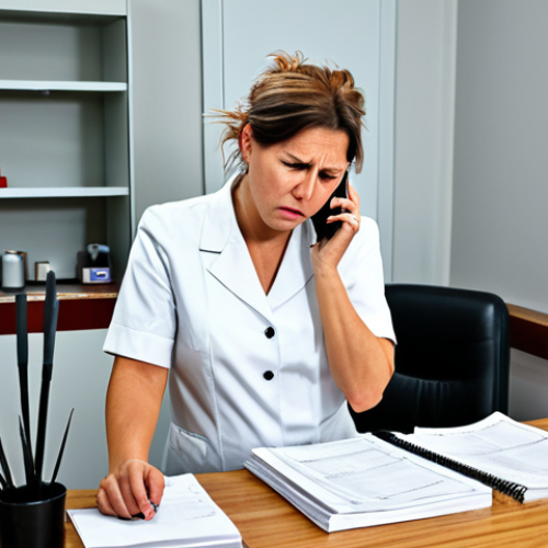 Home 7 A professional female hair stylist, fully clothed in a modest salon uniform, looking stressed and overwhelmed at a cluttered reception desk in a bustling German hair salon. She is holding a ringing landline phone to her ear with one hand, while pointing frantically with the other hand at a large, messy, open paper appointment book filled with illegible notes. A female client, fully clothed in appropriate everyday attire, stands impatiently nearby, looking confused. The background shows other salon stations with some disarray, conveying a sense of chaos and inefficiency. Perfect anatomy, correct proportions, natural pose, well-formed hands, proper finger count, natural body proportions, professional photography, high quality, safe for work, appropriate content, fully clothed, professional, family-friendly.