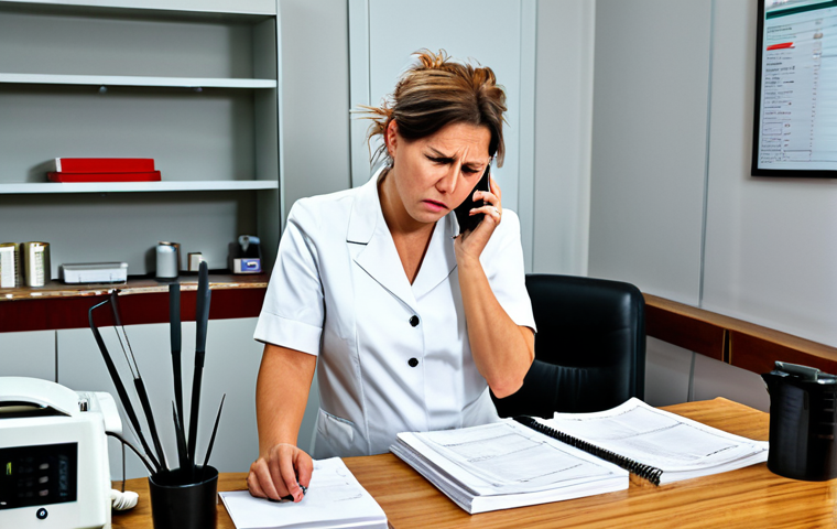 A professional female hair stylist, fully clothed in a modest salon uniform, looking stressed and overwhelmed at a cluttered reception desk in a bustling German hair salon. She is holding a ringing landline phone to her ear with one hand, while pointing frantically with the other hand at a large, messy, open paper appointment book filled with illegible notes. A female client, fully clothed in appropriate everyday attire, stands impatiently nearby, looking confused. The background shows other salon stations with some disarray, conveying a sense of chaos and inefficiency. Perfect anatomy, correct proportions, natural pose, well-formed hands, proper finger count, natural body proportions, professional photography, high quality, safe for work, appropriate content, fully clothed, professional, family-friendly.