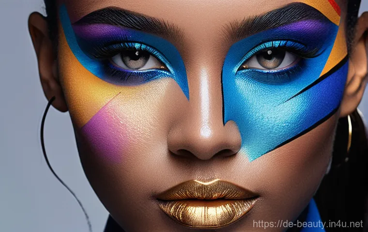 메이크업의 문화적 이해와 적용 - A powerful and elegant female figure, 30s, depicted in a stylized, anachronistic composition that bl...