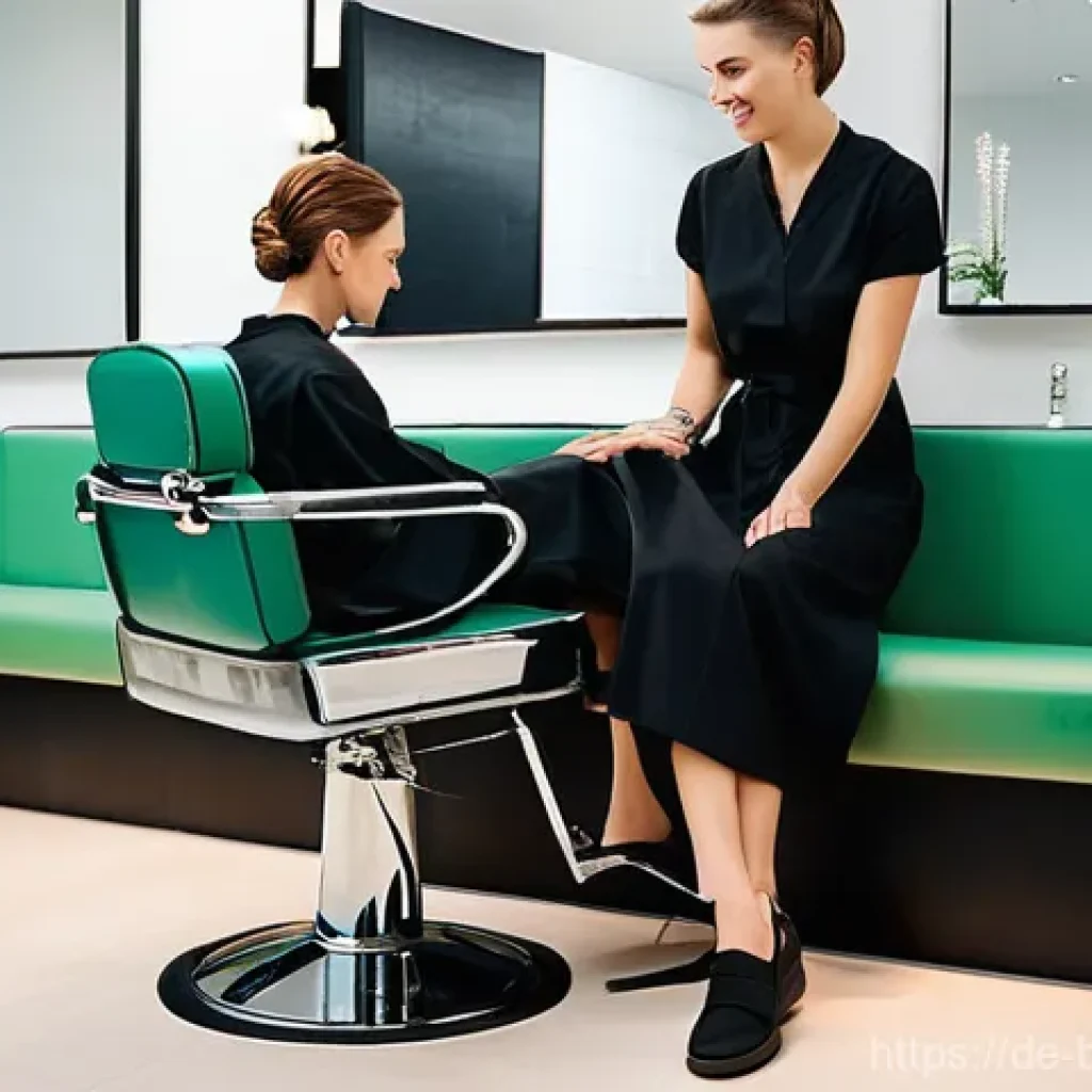 미용사 직업병 예방과 관리 - **Prompt:** A female hairdresser in her late 20s to early 30s, with a stylish, modern haircut, demon...