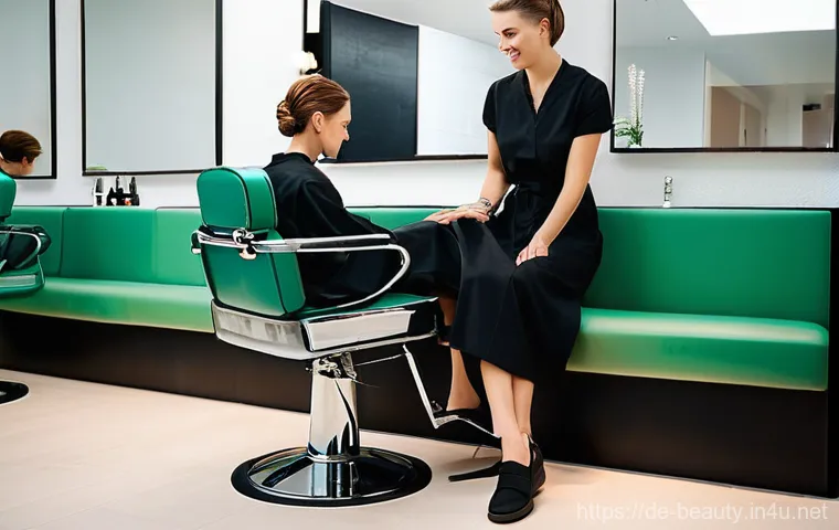 미용사 직업병 예방과 관리 - **Prompt:** A female hairdresser in her late 20s to early 30s, with a stylish, modern haircut, demon...