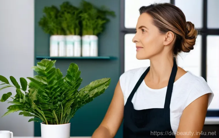 미용사 직업병 예방과 관리 - **Prompt:** A close-up shot of a male hairdresser's hands, in his 30s, meticulously applying hair co...