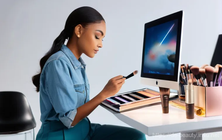 메이크업 관련 장학금과 지원금 정보 - **Aspiring Makeup Artist in Training:** A brightly lit, modern studio setting. A young person, appro...