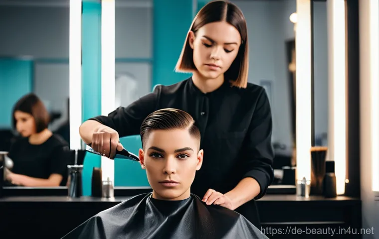 미용사 실기 시험 합격 전략 - Image Prompt 1: Precision Haircut in Exam Setting**