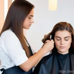 미용사 현직자가 알려주는 필드 경험 - **Trust and Transformation at a German Salon**
    A warmly lit, modern "Friseursalon" (hair salon) ...