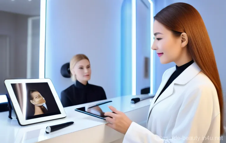 피부 미용 자격증 실무 중심 학습법 - **"A focused cosmetology student performing a detailed skin analysis on a female model. The student,...