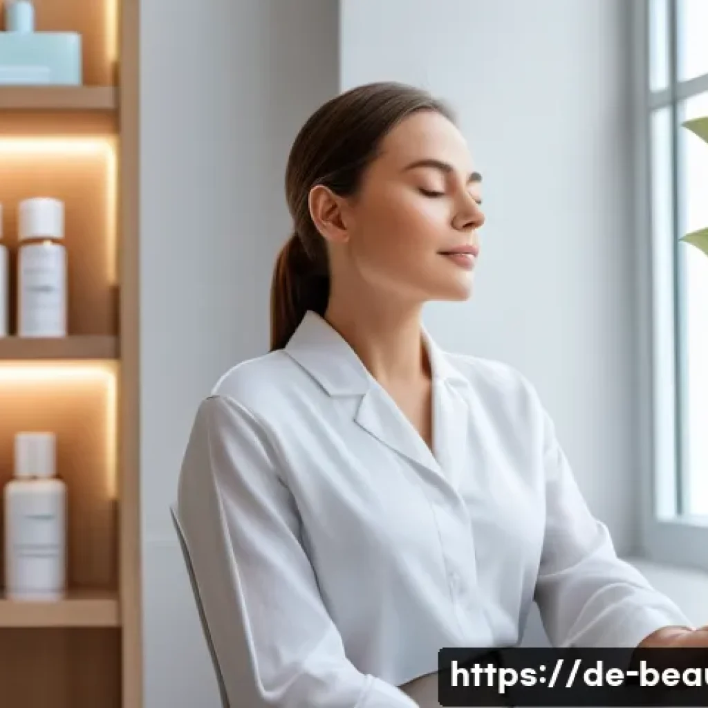 피부 미용사로서의 직업 만족도 높이는 법 - A professional skincare expert in a modern German spa clinic, taking a mindful break by the window w...
