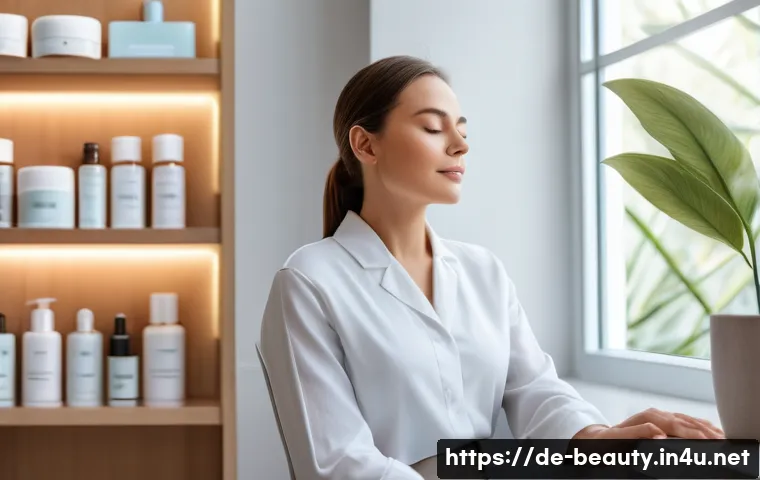 피부 미용사로서의 직업 만족도 높이는 법 - A professional skincare expert in a modern German spa clinic, taking a mindful break by the window w...