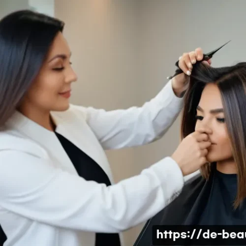미용사와 관련된 인기 유튜브 채널 - A modern hair salon scene showcasing a professional hairstylist performing a layered haircut on a fe...
