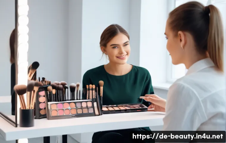 메이크업 아티스트 고객 상담 팁 - A professional makeup consultation scene in a modern, bright studio in Germany, featuring a diverse ...