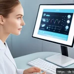 피부 미용 산업의 미래 전망 - A modern beauty studio scene featuring a high-tech digital skin analysis device with a sleek touchsc...