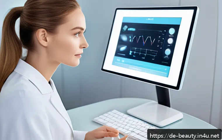 피부 미용 산업의 미래 전망 - A modern beauty studio scene featuring a high-tech digital skin analysis device with a sleek touchsc...