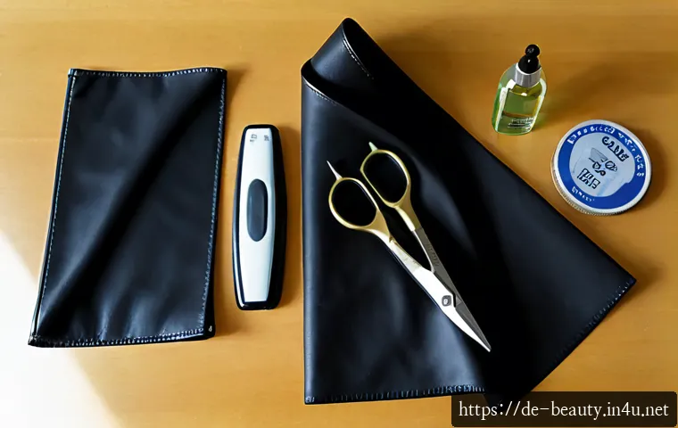 Home 17 미용사 실기 시험 준비물 체크리스트 - Photorealistic overhead flat lay of a German hairdresser practical exam preparation kit on a spotles...