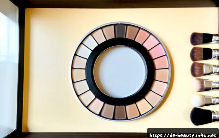 메이크업 이론 필수 요약 - Photorealistic overhead view of a clean makeup theory workspace in a bright modern German apartment,...